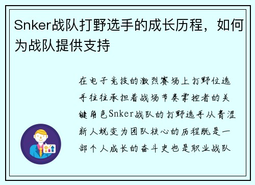 Snker战队打野选手的成长历程，如何为战队提供支持